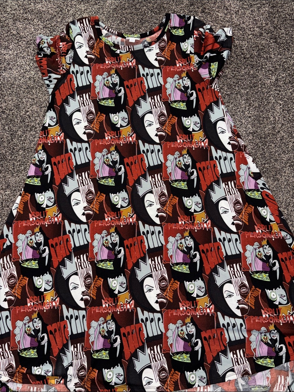 LuLaRoe Casual Dress in Black, Red, Purple & Green Villain Print